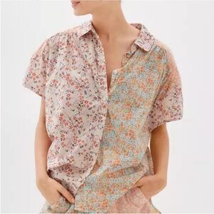 American Eagle Mixed Print Floral Patchwork Button Up Oversized Blouse NWT Sz Lg